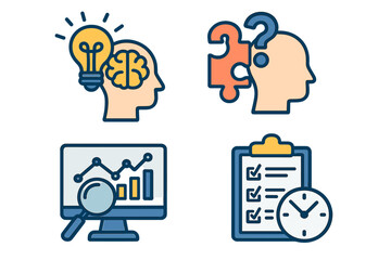 Various Icons Representing Brainstorming, Problem Solving, Analytics, Creativity, and Productivity in Workspace Environment, Vector Cartoon Illustration