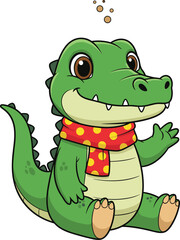 Cartoon alligator with red polka-dot scarf — friendly waving character for kids media, educational content, and playful storytelling themes