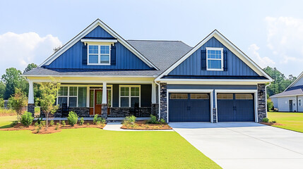 Fototapeta premium Beautiful new home exterior with two car garage and covered porch on sunny day