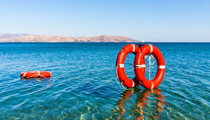 Two Orange Life Preservers Floating in Clear Blue Ocean Water with Distant Shoreline.