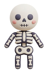 A cute, cartoonish skeleton figure with a large head, smiling face, and simplified skeletal features, designed in a playful style.