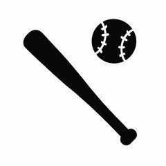 Black Baseball Bat and Ball Icon on White Background