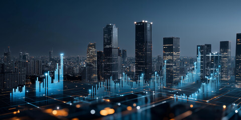 Obraz premium Fintech innovations urban skyline data visualization nighttime cityscape exploring crypto regulations and their future impact