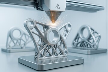 Futuristic metal 3D printing of mechanical part with laser precision on smooth platform using light abstract background in high-tech environment. Ai generative
