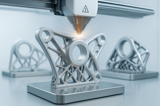 Futuristic metal 3D printing of mechanical part with laser precision on smooth platform using light abstract background in high-tech environment. Ai generative