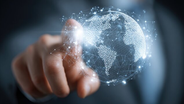 A hand points at a holographic, interconnected globe