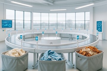 Futuristic circular conveyor system for smart laundry sorting in high-tech light background with digital interfaces and fabric bins. Ai generative