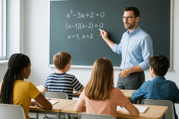 Teacher explaining math equations to attentive elementary students in a bright modern classroom setting with a chalkboard in the background. Ai generative