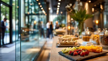 Continental breakfast buffet featuring fruit, pastries and cereal in a modern hotel or corporate setting. Catering service.