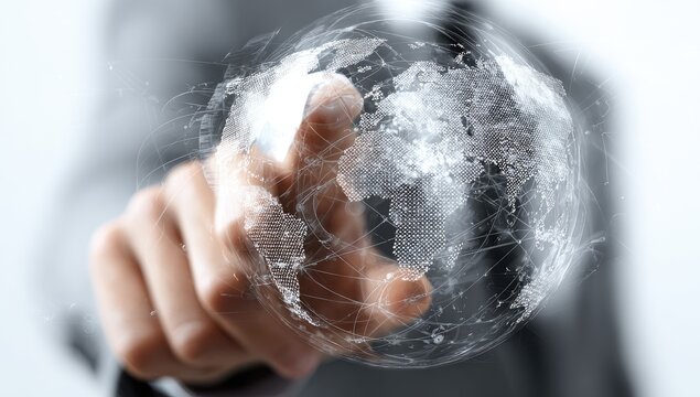 A hand points at a translucent globe, network lines radiating outward