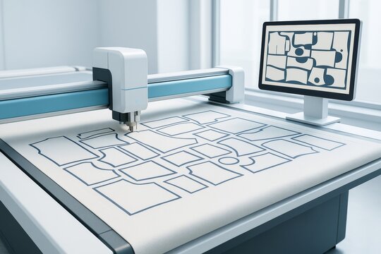 Automated fabric cutting machine with digital pattern layout displayed on screen in modern textile production facility with abstract background. Ai generative