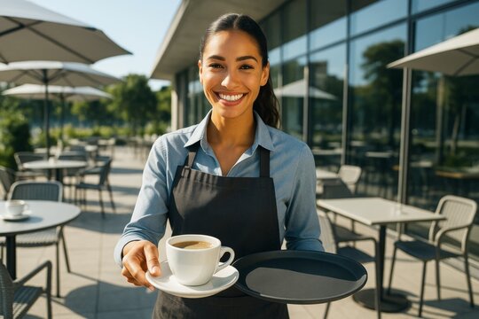 Smiling waitress offering coffee outdoors at modern café on sunny day with bright natural light and stylish exterior background. Ai generative