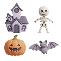 A whimsical Halloween-themed collection featuring a haunted house, a skeleton, a jack-o'-lantern, and a bat.