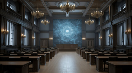 Obraz premium Fintech and crypto regulations in historical courtroom setting exploring compliance challenges and opportunities in financial technology