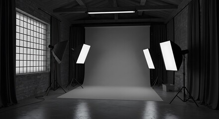 A professional photography studio with various lighting equipment and a seamless backdrop, ready for a photoshoot.