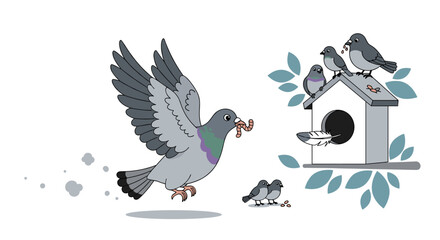 A pigeon delivers food to its hungry family nestled in a birdhouse surrounded by springtime foliage