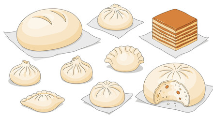 A delicious assortment of steamed buns dumplings and layered cake for a satisfying meal