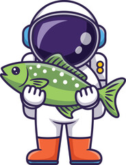 Cartoon astronaut holding spotted green fish — quirky space character in white suit with blue earmuffs for kids, fantasy, and cosmic themes
