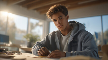 a tech innovation hub with prototypes on tables, cluttered desk with cables, soft natural light from large windows, a young technician in a hoodie building a tool, natural poses as