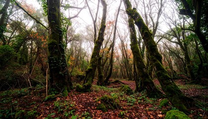 Obraz premium Dense Forest Path with Sunlight Peeking Through Trees.