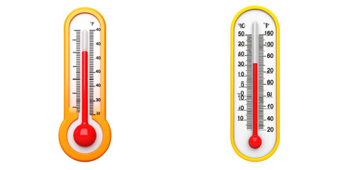 3D Plastic Style Thermometers Illustration Orange And White Color With Red Liquid Inside Isolated On Transparent Background