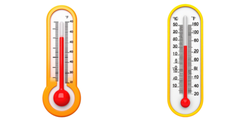 3D Plastic Style Thermometers Illustration Orange And White Color With Red Liquid Inside Isolated On Transparent Background