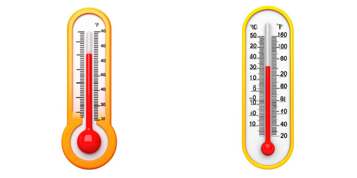 3D Plastic Style Thermometers Illustration Orange And White Color With Red Liquid Inside Isolated On Transparent Background
