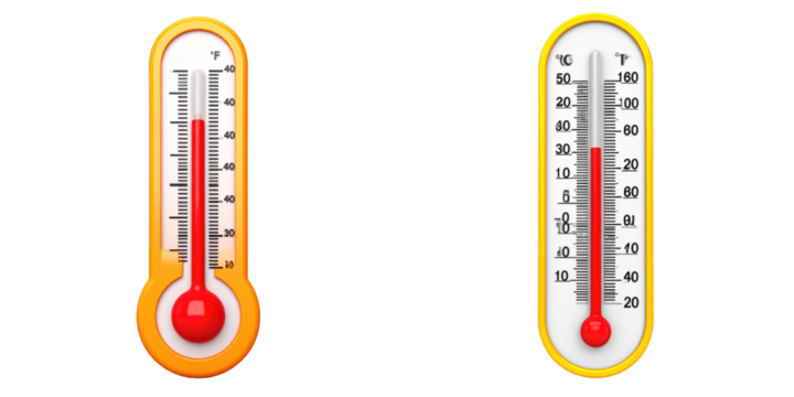 3D Plastic Style Thermometers Illustration Orange And White Color With Red Liquid Inside Isolated On Transparent Background - Powered by Adobe