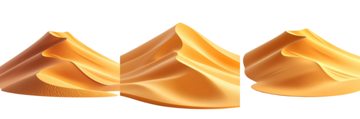 Three-Dimensional Plastic Style Desert Dunes Icon Isolated On Transparent Background Featuring Golden Sand Waves With Gradient And Light Effects