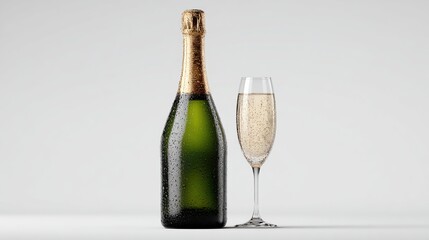 A chilled green bottle of sparkling wine with condensation stands beside a partially filled champagne flute against a bright white backdrop