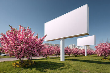 Billboard landscape featuring blank ad spaces amidst blooming cherry blossoms and cityscape backdrop under a sunny sky.