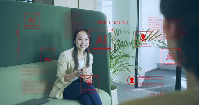 Woman picking up mug from green booth, activating AI threat-detection overlay analyzing office chat