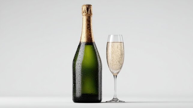 A chilled green bottle of sparkling wine with condensation stands beside a partially filled champagne flute against a bright white backdrop