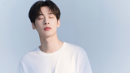 青空の下で目を閉じる白Tシャツの男性