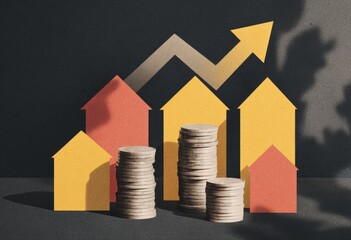 Chart of rising value, represented by houses and coins