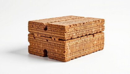 a high resolution eco friendly building brick made of cork composite, featuring layered striated surface and triangular lattice block, with stackable alignment locks