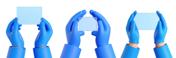 Blue gloved hands holding a transparent rectangular object against a plain background showcasing a laboratory concept