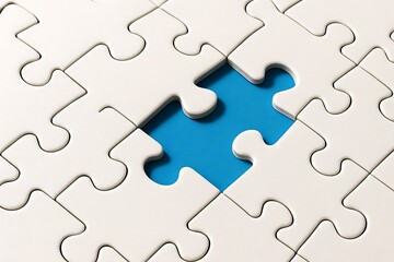 White Jigsaw Puzzle Pieces with Missing Blue Center Section missing piece completion