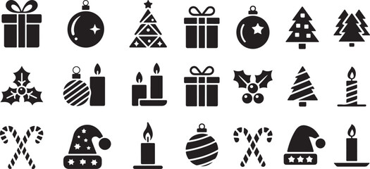 A collection of simple, black silhouette icons representing classic Christmas and holiday symbols, including gifts, ornaments, Christmas trees, candy canes, and candles.