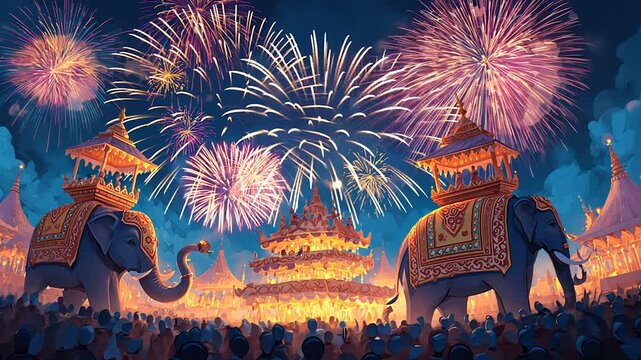 Decorated elephants marching in Indian cultural parade
