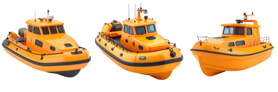 Orange 3D Plastic Style Lifeboat Illustration On Transparent Background Depicting A Marine Rescue Vessel At Different Angles
