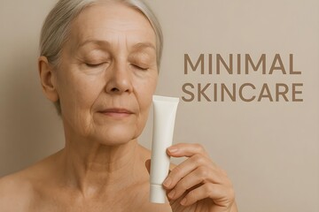 A mature woman holding a tube of skincare product, with MINIMAL SKINCARE text displayed beside her. Concept Skincare Essentials, Mature Beauty, Simple Routine, Empowered Women, Minimalist Lifestyle