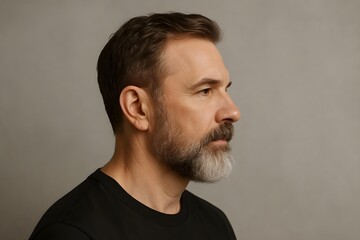 Obraz premium A man with a beard and short hair is shown in profile against a neutral background, wearing a black shirt. Concept Profile Photography, Beard Style, Neutral Background, Black Shirt Fashion