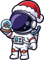 Cartoon astronaut with Santa hat holding snow globe — festive space character in white suit for kids, holiday, and cosmic winter themes