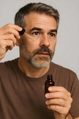 A man applying a drop of serum or oil to his face while holding a dropper bottle. Concept Skincare Routine, Facial Serum Application, Men's Grooming, Oil Dropper Technique, Healthy Skin Care