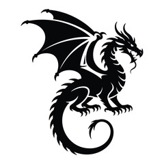 Majestic black silhouette of a fierce dragon with spread wings and scaly body