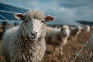 Obraz premium Fluffy sheep stand along the fence line near rows of solar panels in open countryside