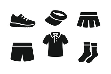 Solid vector icons set of tennis attire including tennis shoes, visor cap, polo shirt, tennis skirt, shorts, socks; sports and athletic clothing apparel collection