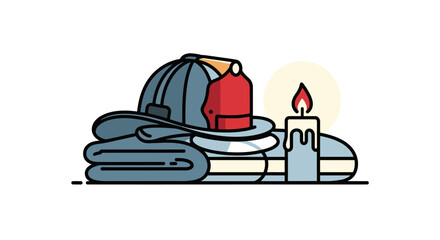 Fototapeta premium Emergency Response Equipment: Fire Helmet, Firefighter Uniform, Fire Extinguisher, and Safety Gear for Fire Safety and Rescue Operations in Colorful Cartoon Style