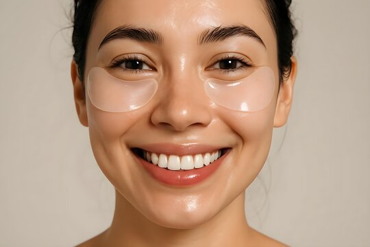 A woman smiling with skincare eye patches under her eyes, showcasing a glowing complexion. Concept Skincare Routine, Glowing Complexion, Eye Patches Benefits, Beauty Tips, Self-Care Moments